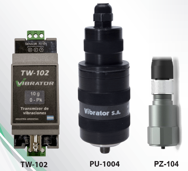 Transmisor de vibraciones TW-102 junto a los sensores PU-1004 y PZ-104