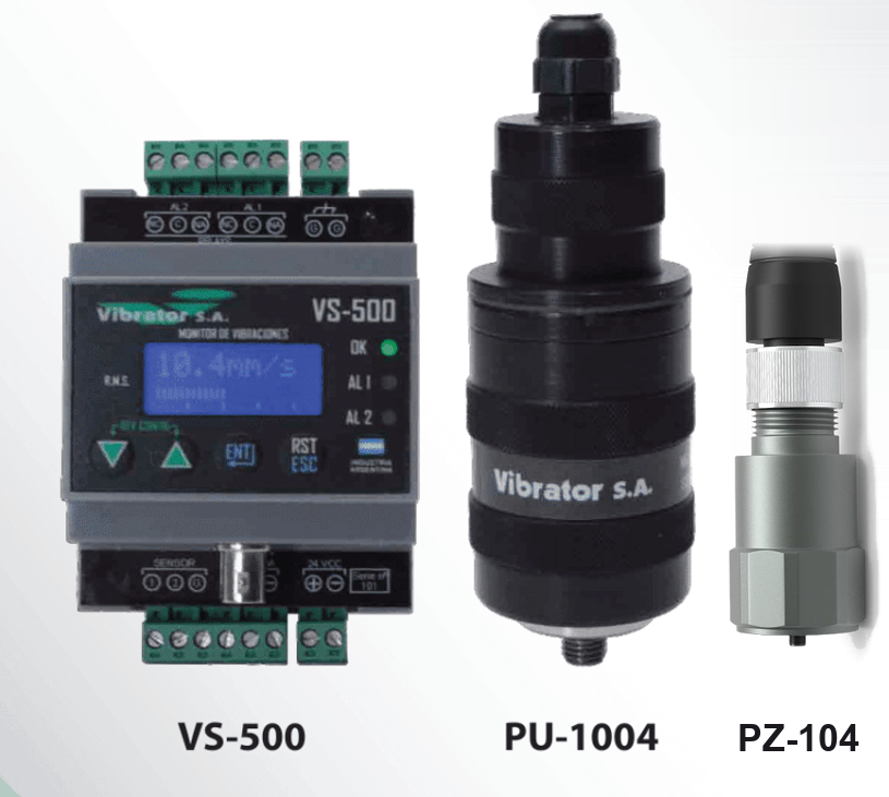 Monitor de vibraciones VS-500 junto a los sensores PU-1004 y PZ-104
